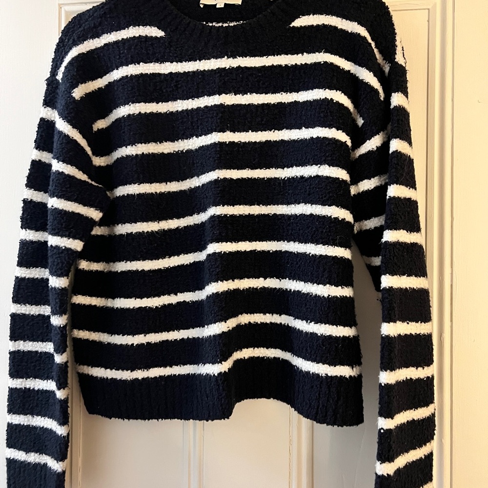 Vince Black and White Striped Crew Neck Sweater